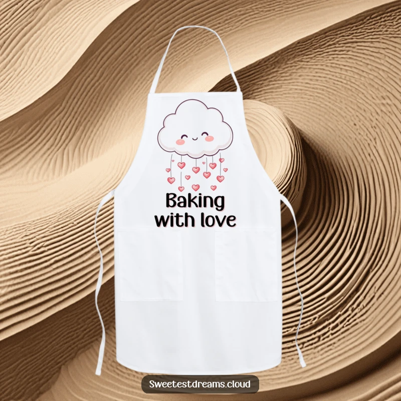 Funny apron featuring a cute cloud character showering tiny, shimmering hearts, ideal for kitchen use.