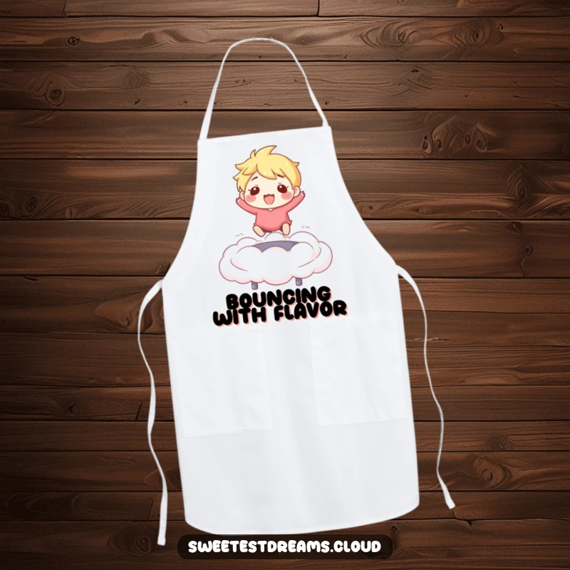 Funny Apron: Character happily bouncing on a cloud while cooking, a whimsical and funny kitchen essential.