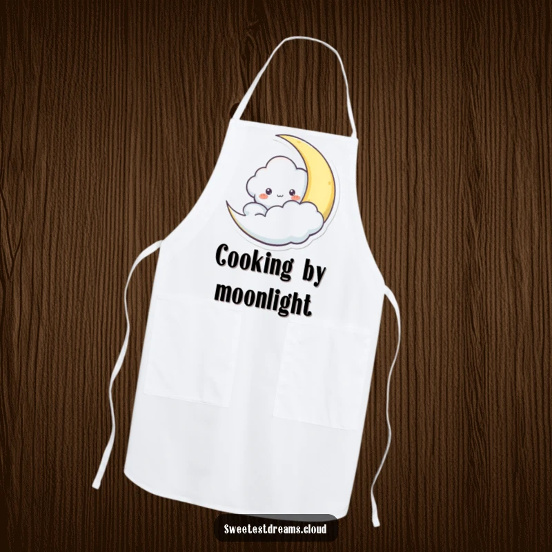 Funny apron featuring a cloud character playfully peeking from behind a crescent moon, adding whimsical charm to cooking.