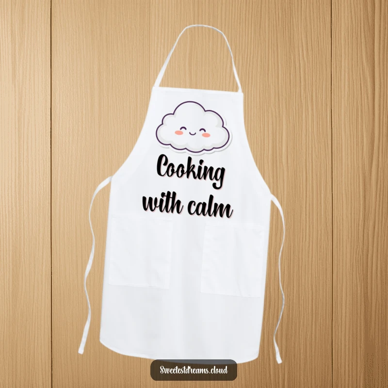 Funny apron featuring a blissfully happy, closed-eyed cloud character floating serenely, for a joyful cooking experience.
