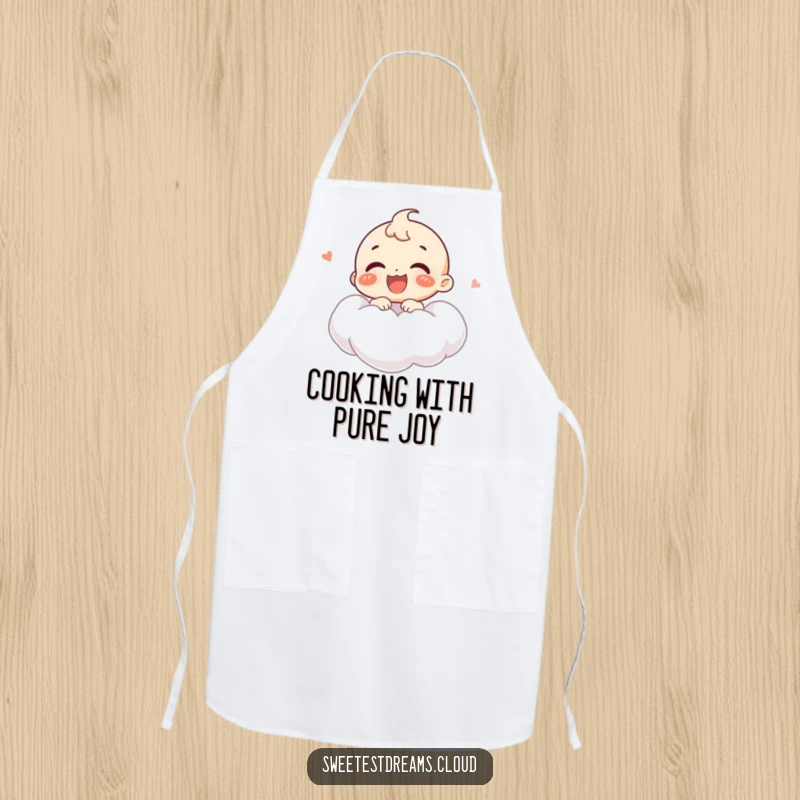Funny apron showing a joyful character giggling while floating on a cloud, ideal for adding humor to cooking.