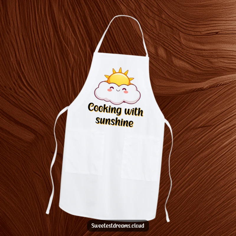 Funny Sunny Sun Apron with a design of a smiling sun peeking from playful clouds, adding cheerful and humorous flair to kitchen activities.