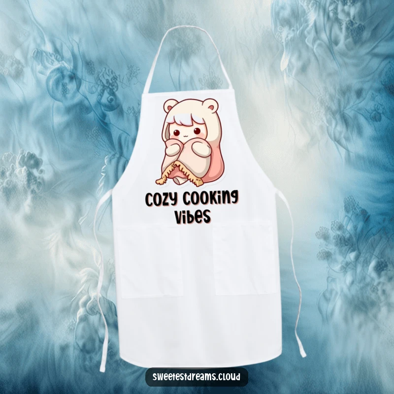 Funny kawaii character apron showing a cute character holding a warm blanket, looking cozy while ready for kitchen tasks.