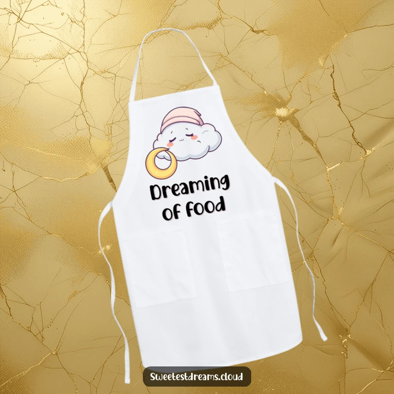 Funny Apron showing a sleepy cloud character nuzzling a crescent moon, perfect for adding peaceful charm to cooking.