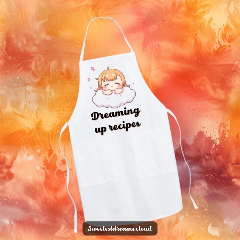 Funny kawaii dreamer apron, peaceful character on a cloud, perfect for a calm and humorous cooking experience.