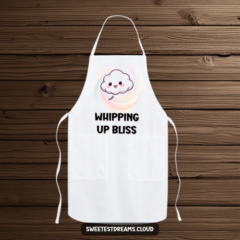 Funny apron featuring a smiling cloud character floating in a pastel color swirl, perfect for adding cheer to cooking or baking.