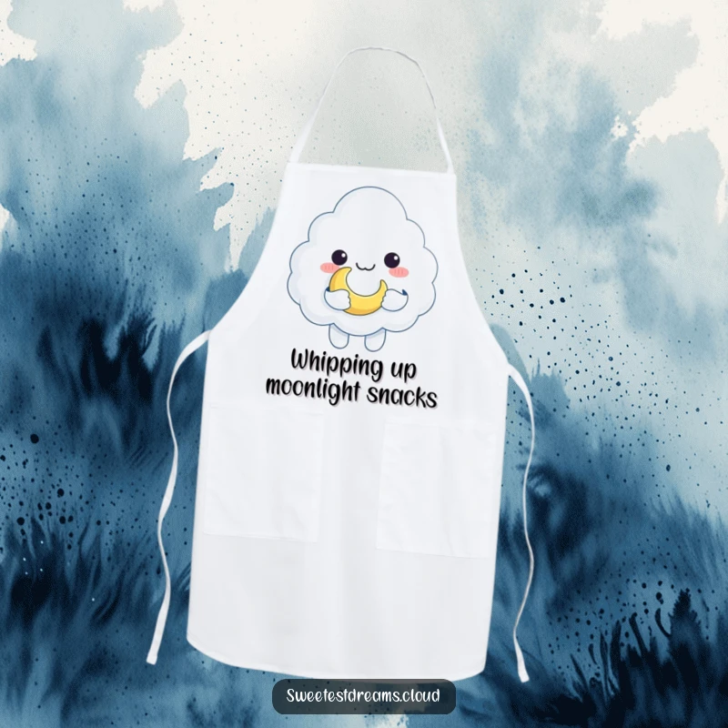 Funny cloud character holding a crescent moon as a toy, ideal for a humorous and functional apron.