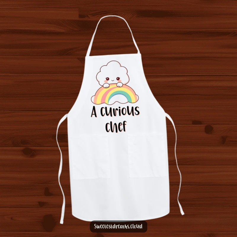 Funny apron showing a curious cloud character peeking over a rainbow, perfect for adding humor to kitchen duties.
