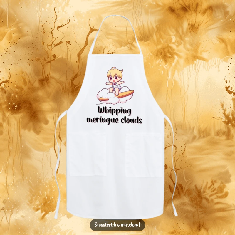 Funny apron illustration of a character surfing on a cloud, perfect for kitchen adventures and sky-themed fun.