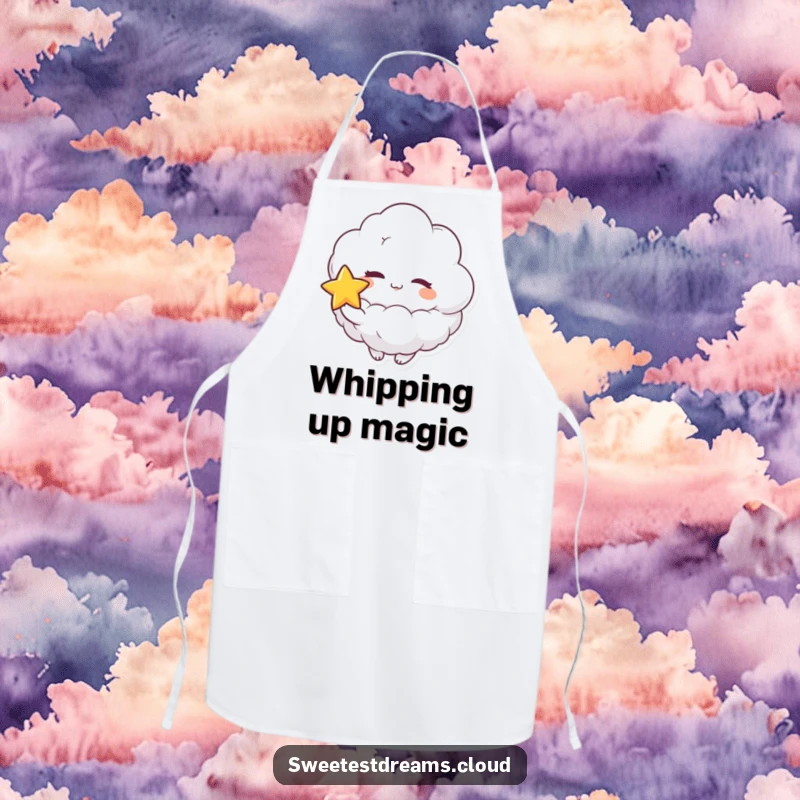 Funny apron showing a fluffy cloud character playfully winking and holding a star, designed for cheerful and humorous kitchen tasks.