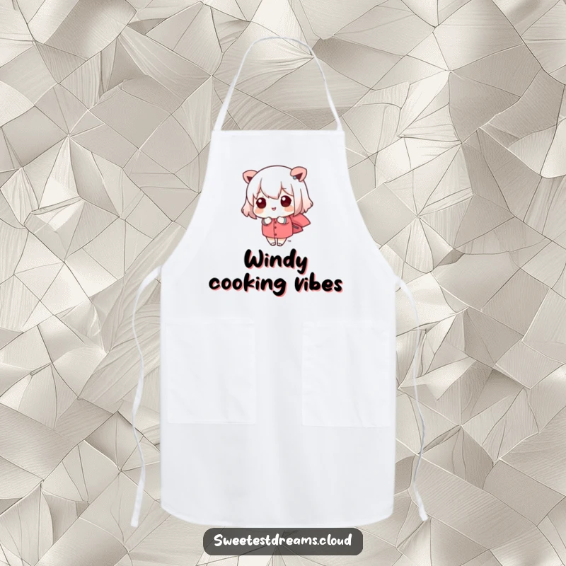 Funny kawaii character cooking gently while being carried by a soft breeze. This apron is a humorous and practical gift.