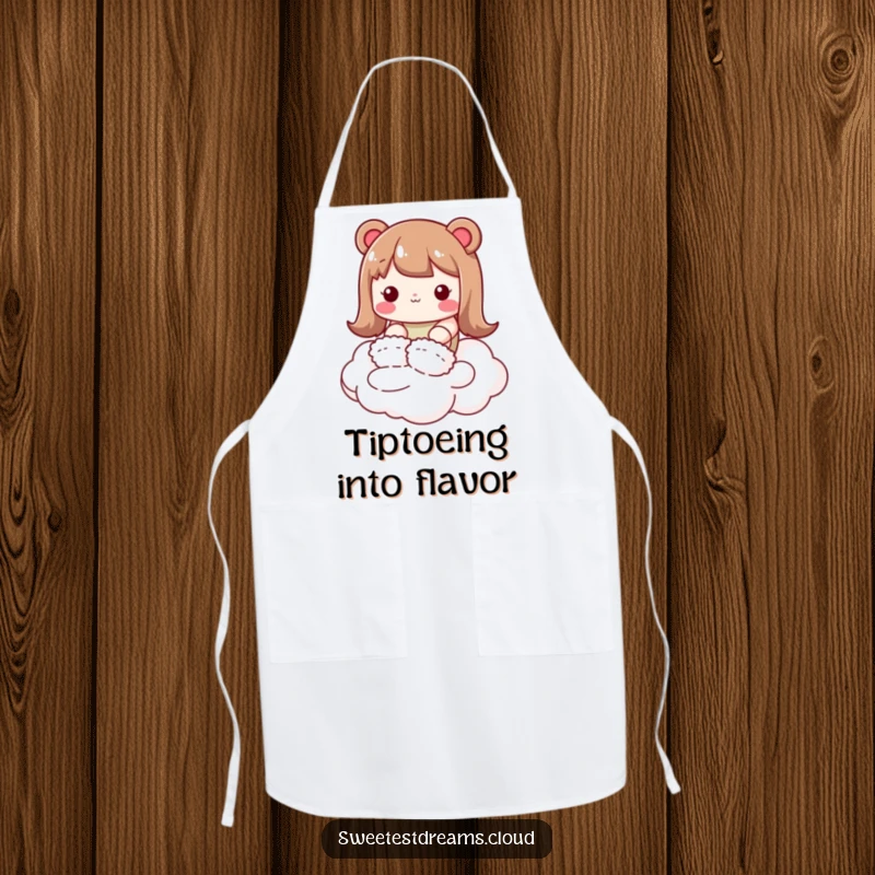 Funny kawaii character apron, wearing fluffy slippers, tiptoeing on a cloud, cozy and humorous kitchen wear.