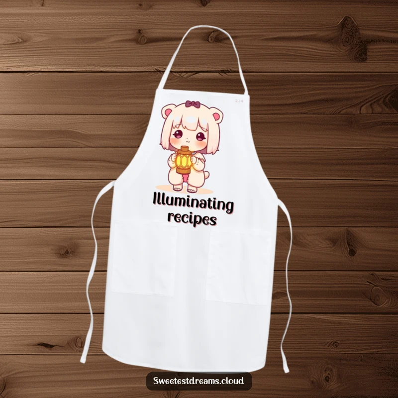 Funny kawaii character apron featuring a cute character holding a small, glowing lantern, adding a magical touch to cooking.