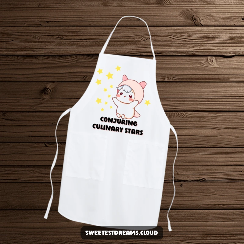 Funny kawaii character apron, playfully tossing stars into the night sky, magical and humorous kitchen wear.