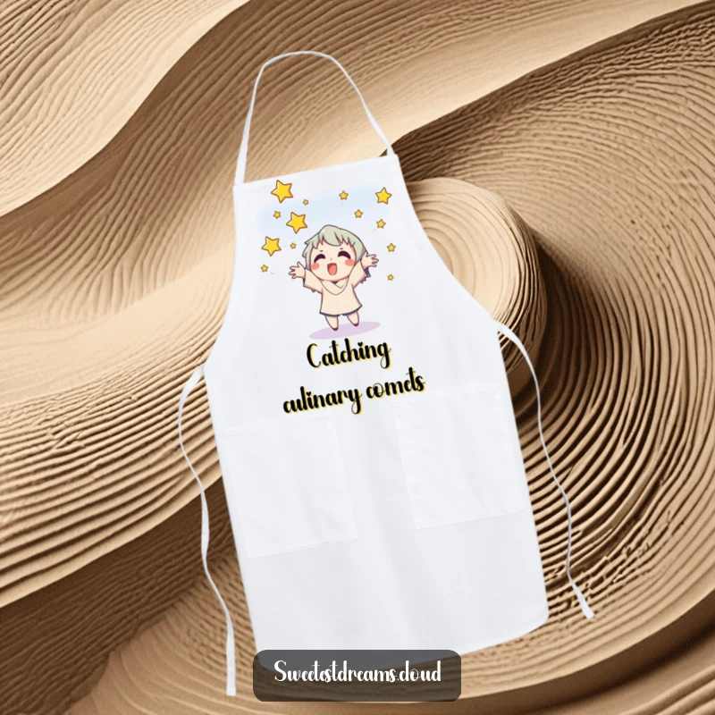 Funny apron featuring a character catching stars, perfect for kitchen adventures and celestial-themed parties.