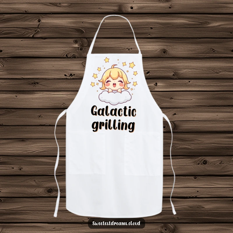 Funny Apron: A character giggles while chasing stars around a cloud, bringing humorous, playful vibes to the kitchen.