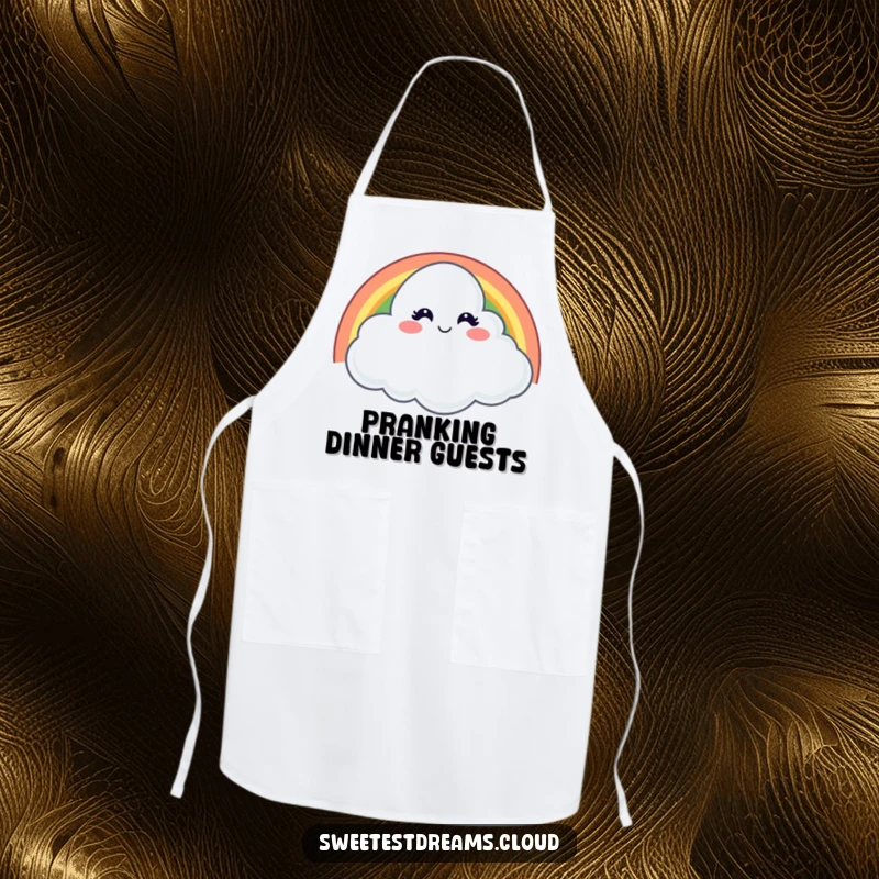 Funny apron featuring a cloud with a mischievous smile winking from behind a rainbow, perfect for cooking with playful humor.