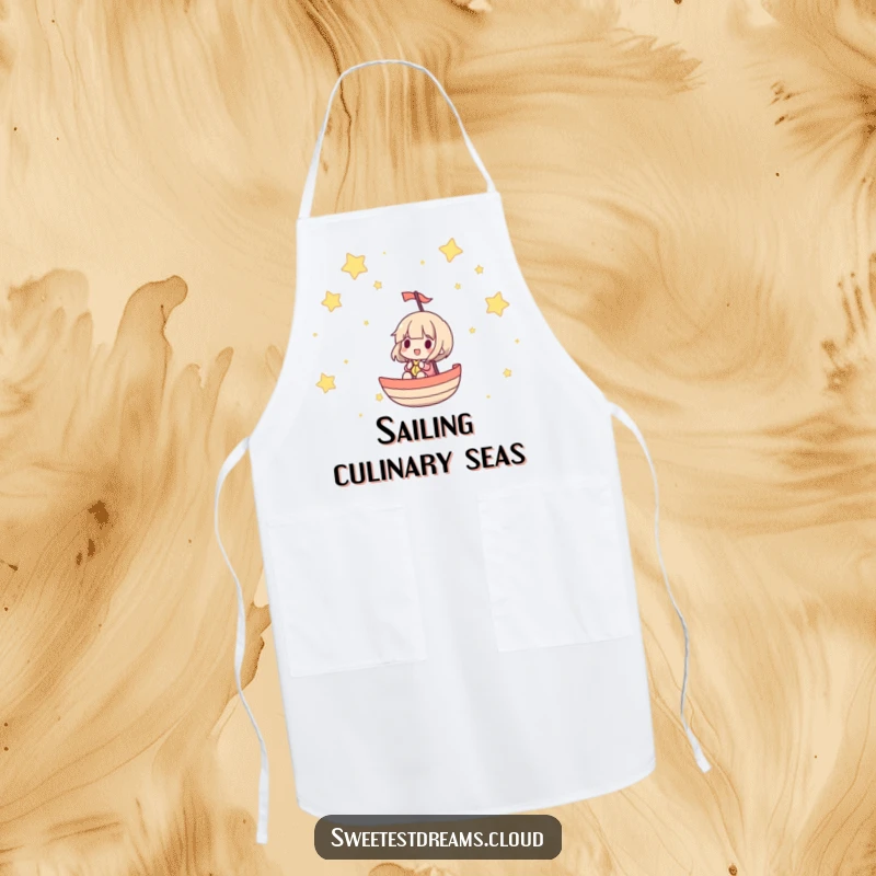Funny apron illustration of a character sailing through a star-filled sky, perfect for cosmic kitchen adventures.