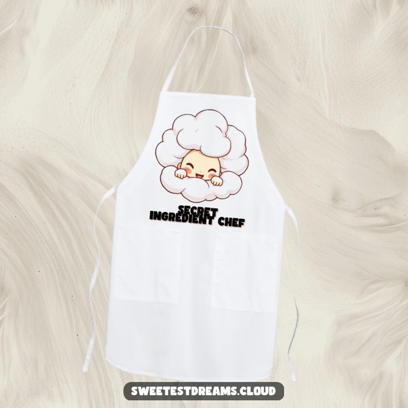 Funny Apron depicting a character peeking from behind a cloud with a mischievous grin, perfect for kitchen secrets.