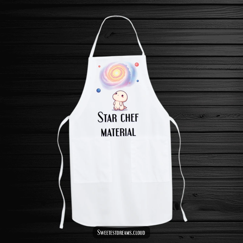 Funny kawaii character cooking while looking up at a swirling nebula. This apron is a humorous and practical gift.