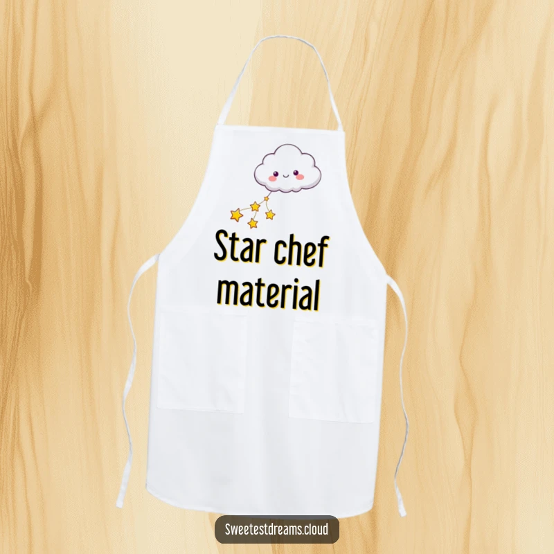Funny apron showing a cloud character happily pulled by stars, ideal for adding whimsy to cooking and baking.