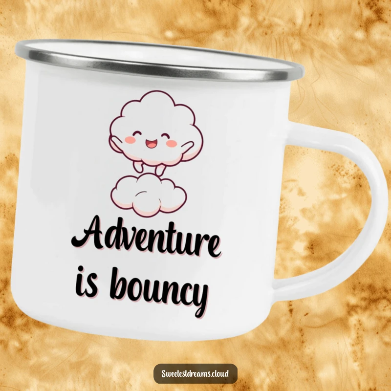 Funny cloud character joyfully bouncing on a smaller cloud. Durable, humorous camping mug.