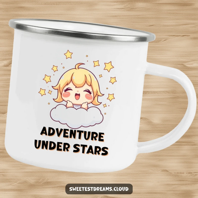 Funny Camping Mug: A character giggles while chasing stars around a cloud, perfect for outdoor drinks with humorous, playful appeal.