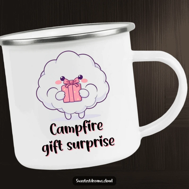 Funny cloud character presenting a sparkling gift box. Durable, humorous camping mug.