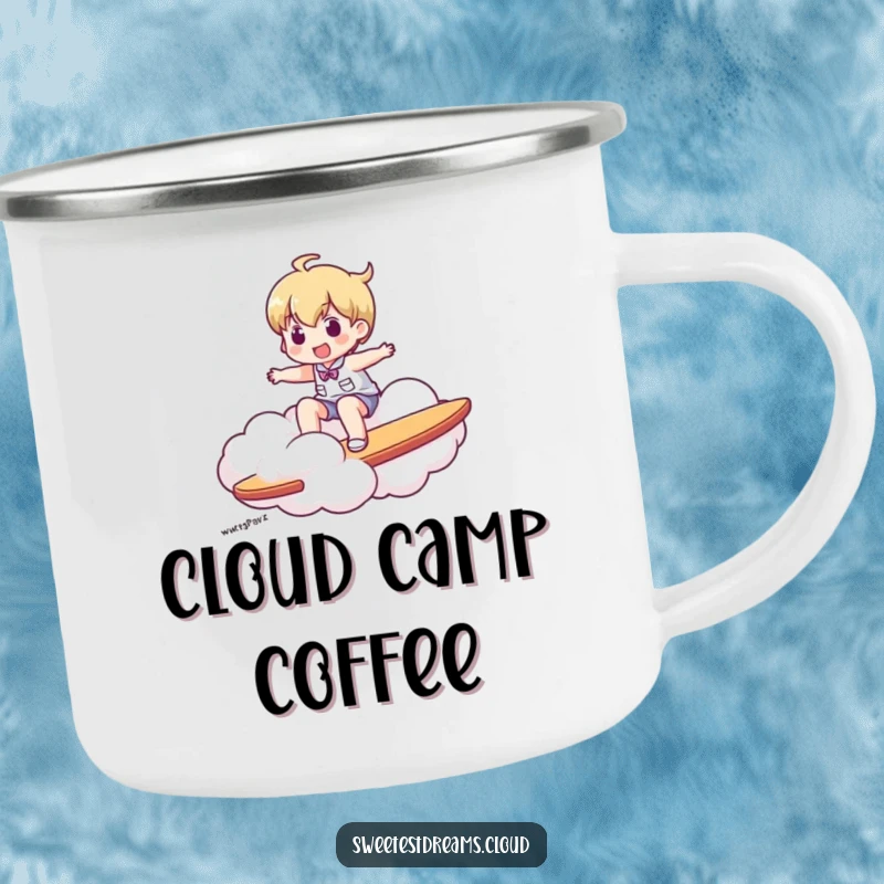 Funny camping mug featuring a character surfing on a cloud, built for adventure and sky-high inspiration.