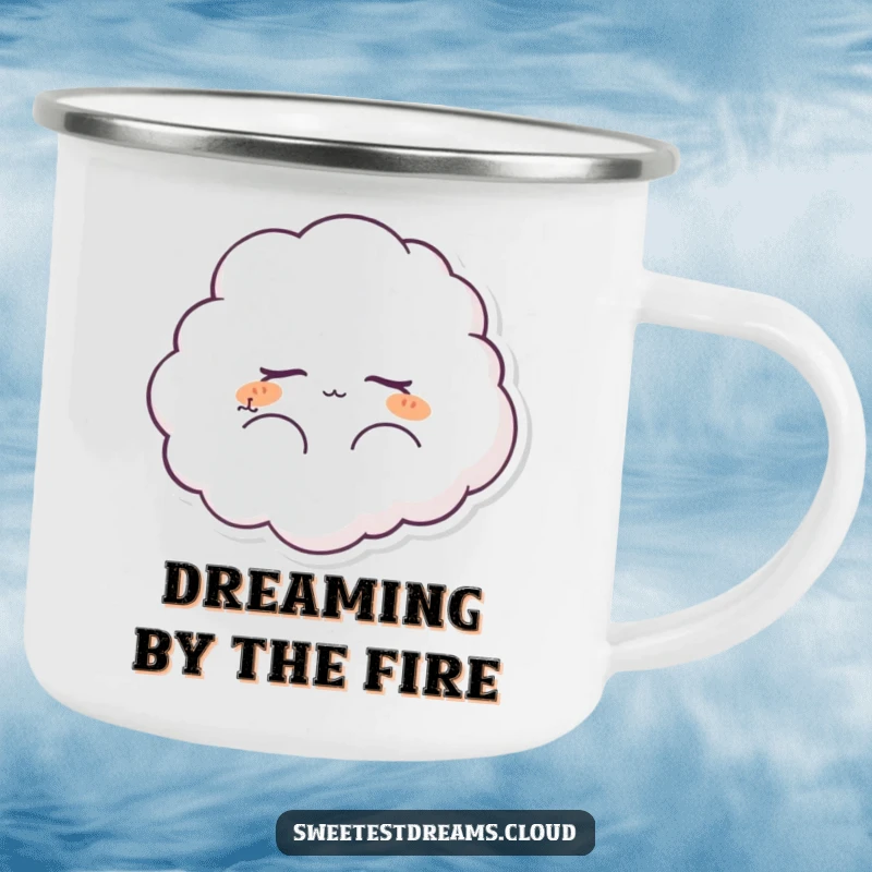 Funny fluffy cloud character camping mug, peacefully dreaming. A durable, humorous mug for outdoor lovers seeking serenity.