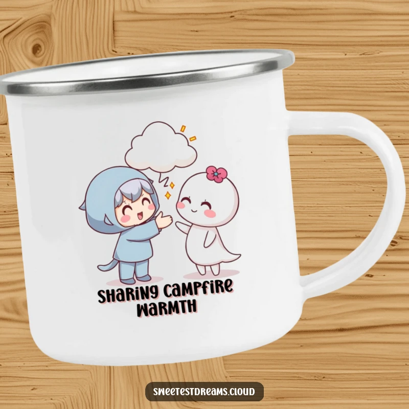 Funny camping mug featuring a character offering a cloud with a smile, built for sharing joy.