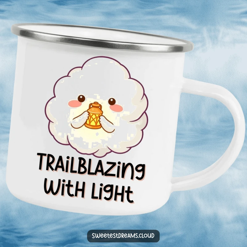 Funny camping mug featuring a cute cloud creature holding a tiny, glowing lantern, perfect for outdoor wonder.