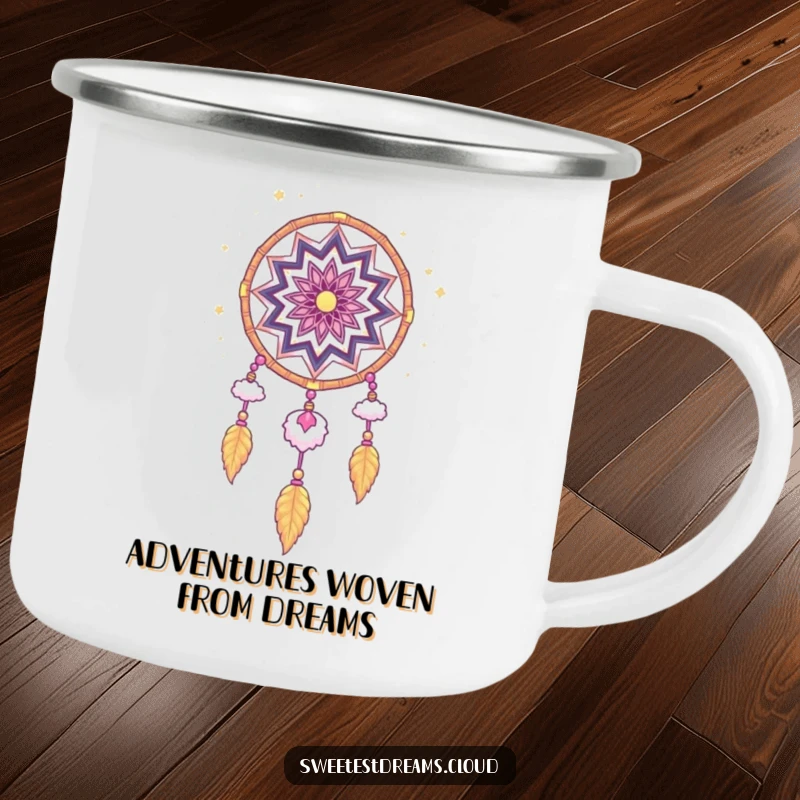 Funny Dream Catcher Camping Mug with whimsical stardust and cloud art, designed for outdoor enthusiasts seeking a touch of celestial humor.