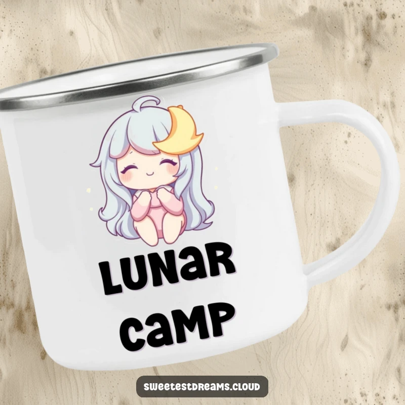 Funny Camping Mug featuring a character sharing a dreamy smile with a sleepy moon, perfect for cozy nights outdoors with a humorous touch.