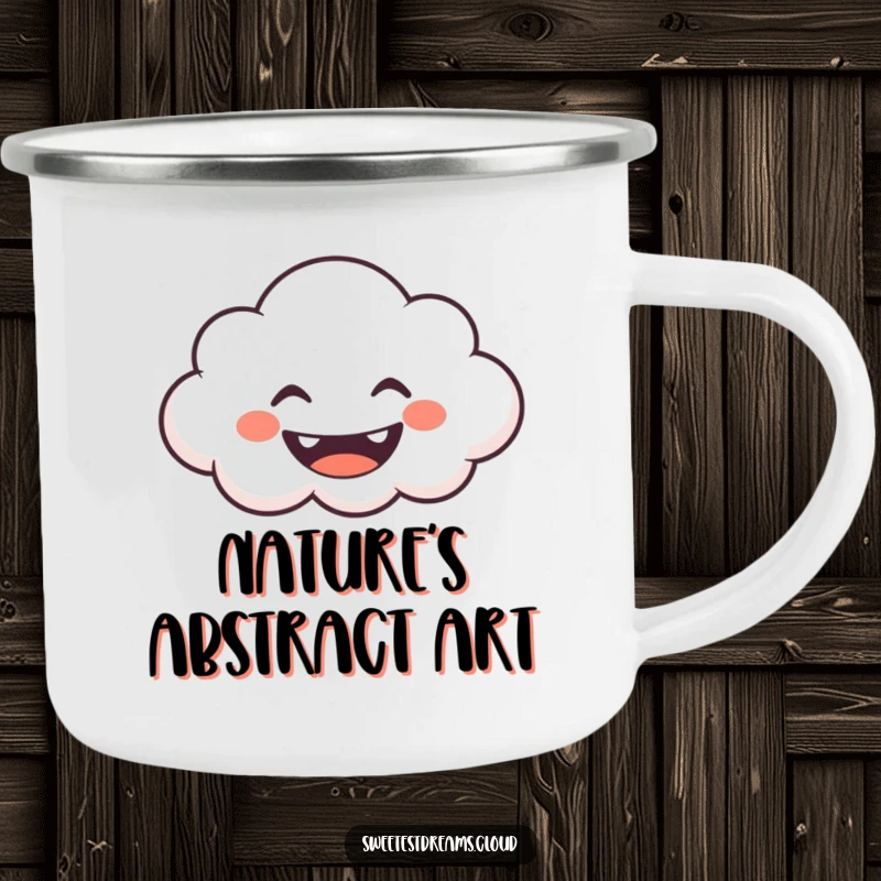 Funny Camping Mug featuring a grinning cloud blowing whimsical shapes, perfect for enjoying drinks outdoors with a playful touch.