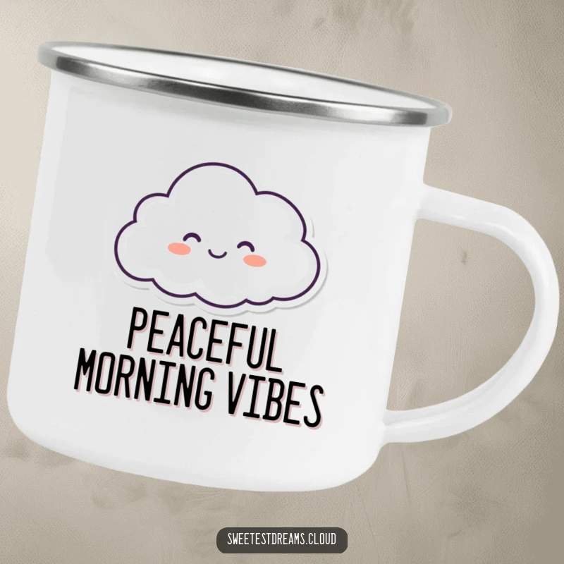 Funny camping mug with a blissfully happy, closed-eyed cloud character, perfect for enjoying drinks outdoors with a smile.