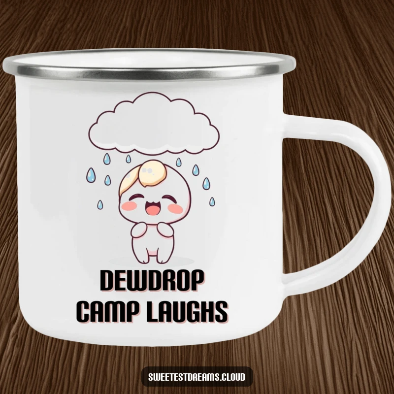 Funny kawaii character camping mug featuring a cute character giggling as dewdrops fall from a cloud during outdoor adventures.