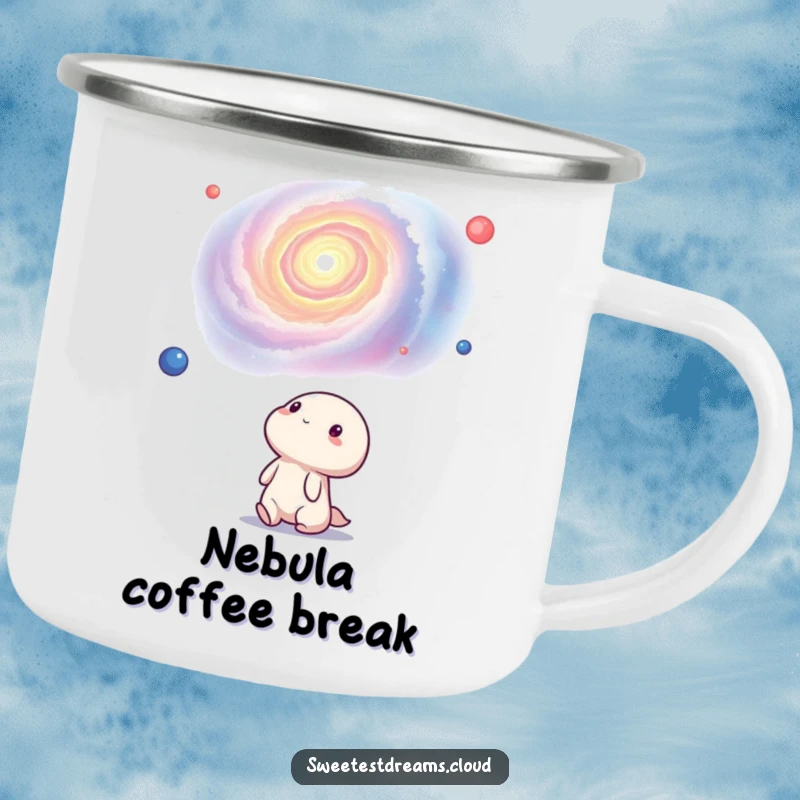 Funny kawaii character enjoying a drink from a camping mug, looking at a swirling nebula. This mug is a humorous outdoor gift.