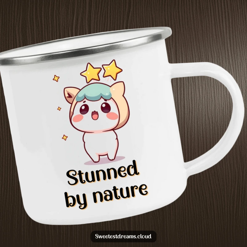 Funny kawaii character camping mug, surprised expression, a shooting star landing, rugged and humorous drinkware.
