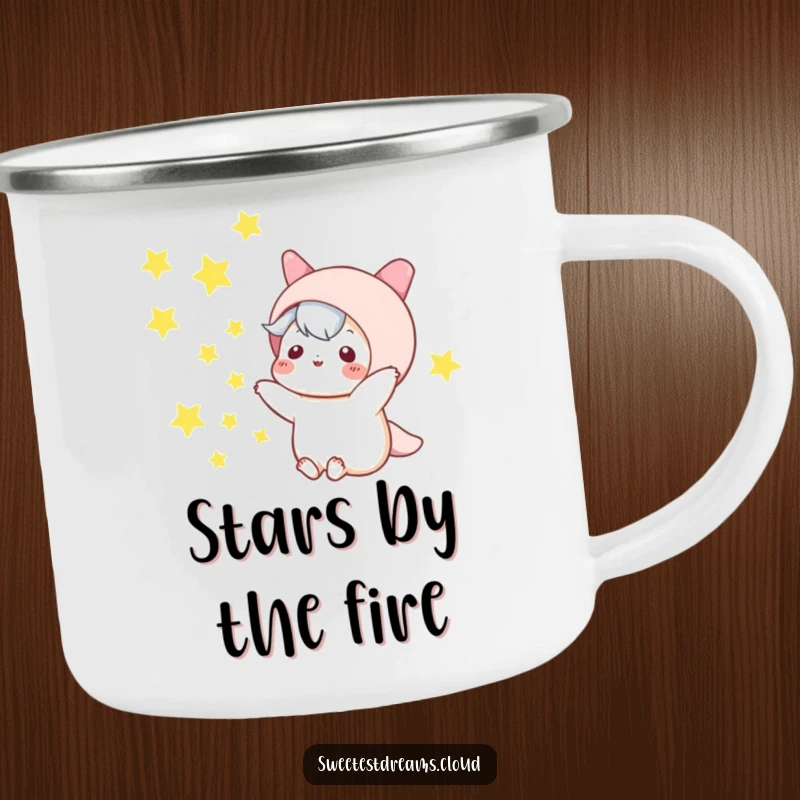Funny kawaii character camping mug, playfully tossing stars into the night sky, rugged and humorous drinkware.