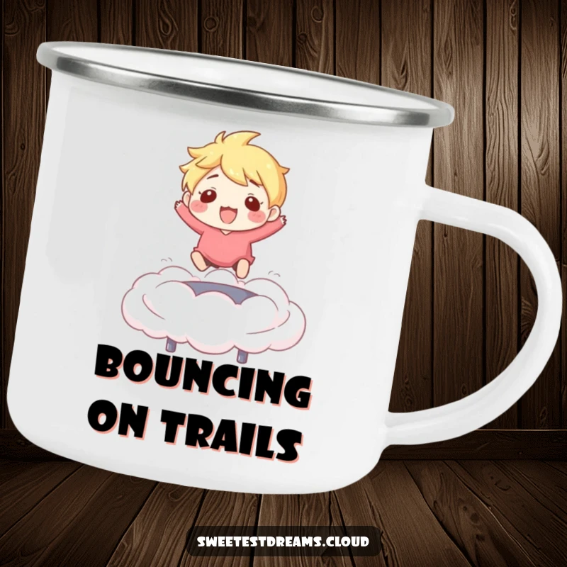 Funny Camping Mug: Character joyfully bouncing on a cloud, a durable and funny mug for outdoor adventures.