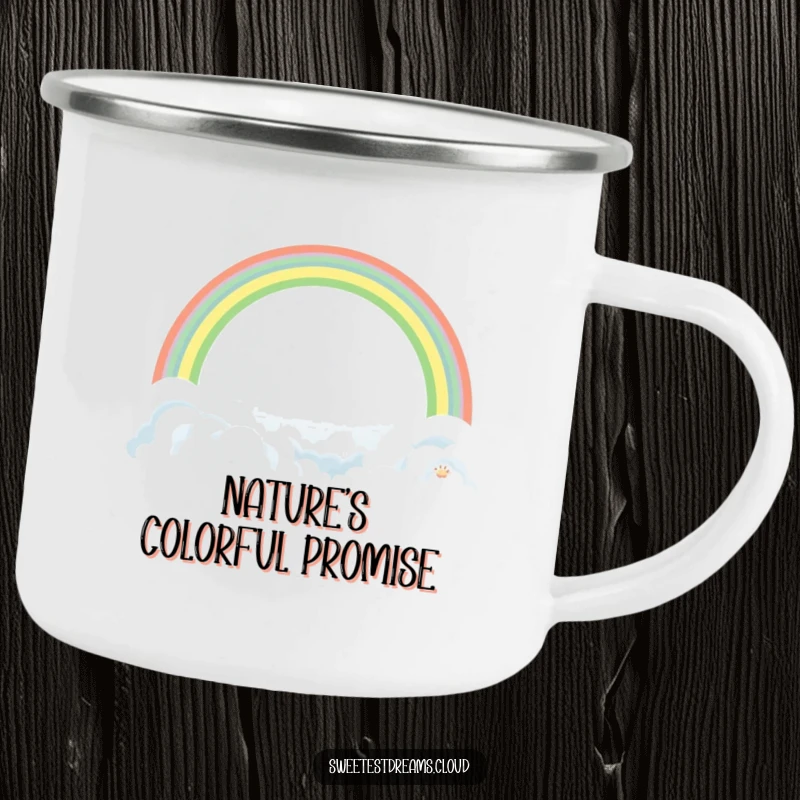 Funny Rainbow Cloud Camping Mug featuring a gentle rainbow arching over soft clouds, designed for outdoor enthusiasts who appreciate hopeful humor.