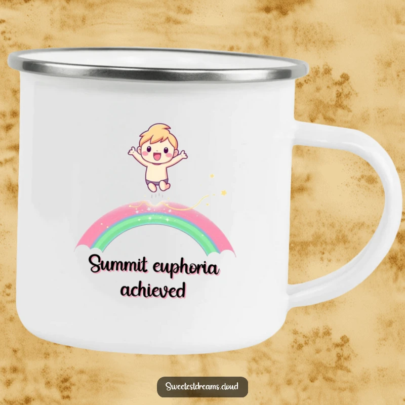 Funny Camping Mug with a character joyfully leaping over a shimmering rainbow, built for outdoor fun and inspiration.