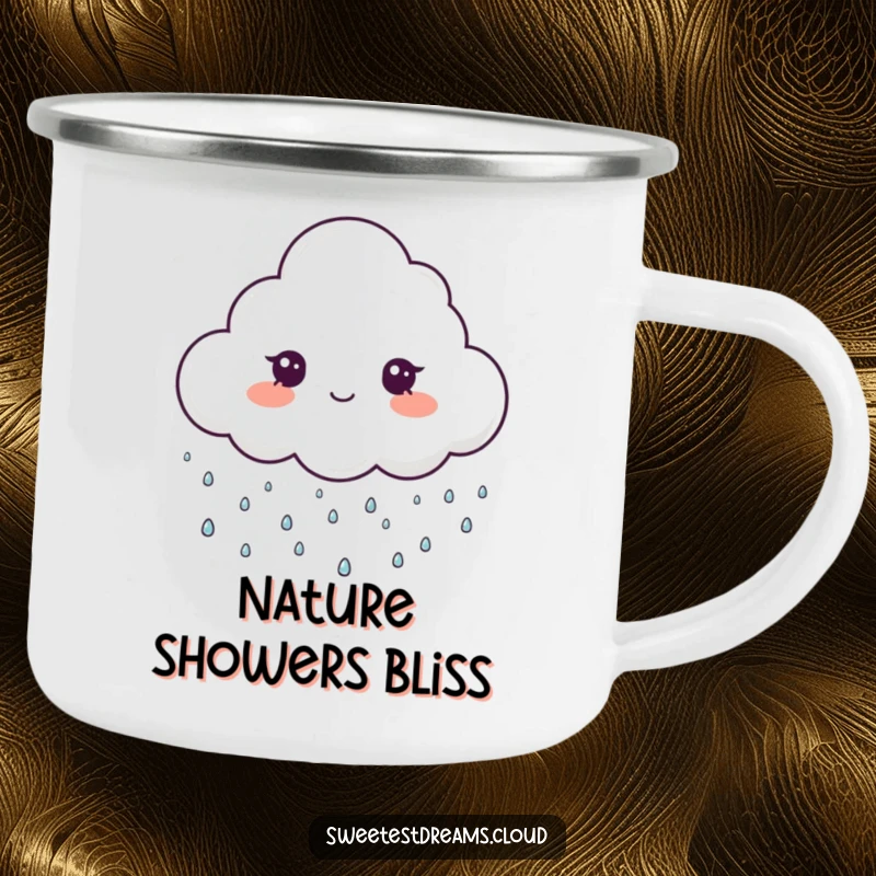 Funny enamel camping mug featuring a cloud character gently raining tiny, sparkling drops, perfect for outdoor humor.