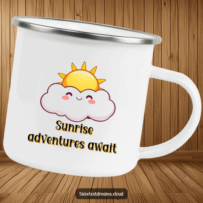 Funny Sunny Cloud Camping Mug featuring a smiling sun and playful clouds, designed for outdoor enthusiasts who appreciate cheerful humor.