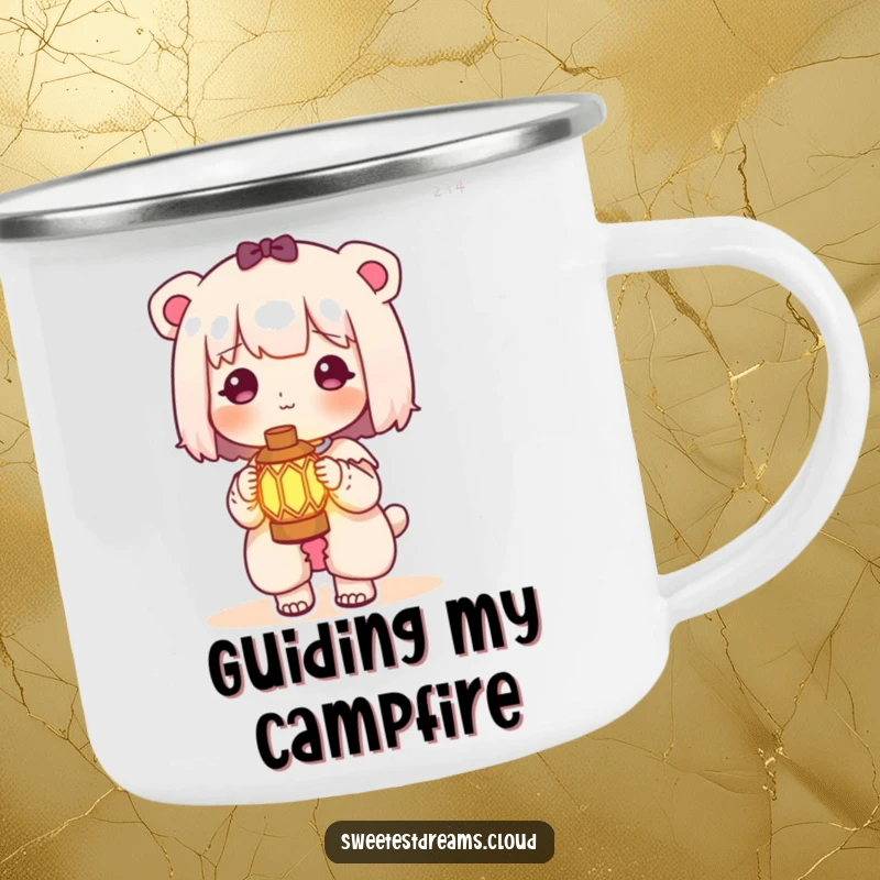 Funny kawaii character camping mug featuring a cute character holding a miniature glowing lantern during outdoor adventures.
