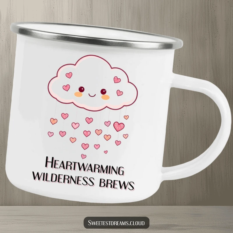 Funny Heart Cloud Camping Mug featuring a cheerful cloud raining tiny shimmering hearts, designed for outdoor enthusiasts who appreciate loving humor.