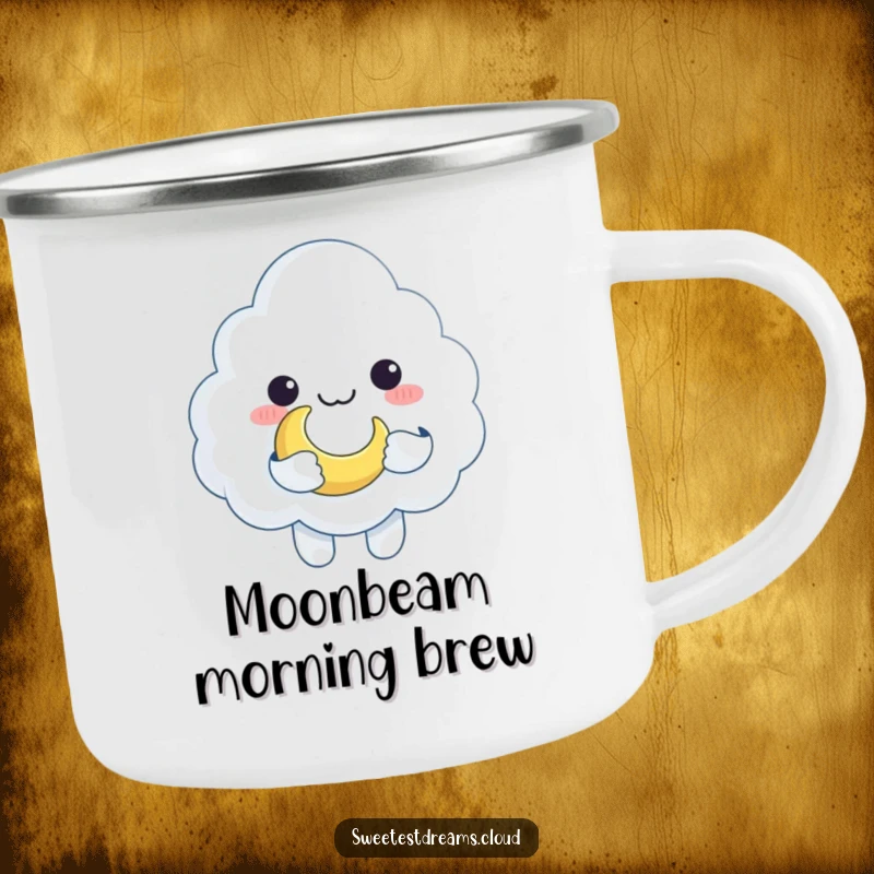 Funny cloud character embracing a crescent moon as a toy, printed on a rugged and humorous camping mug.
