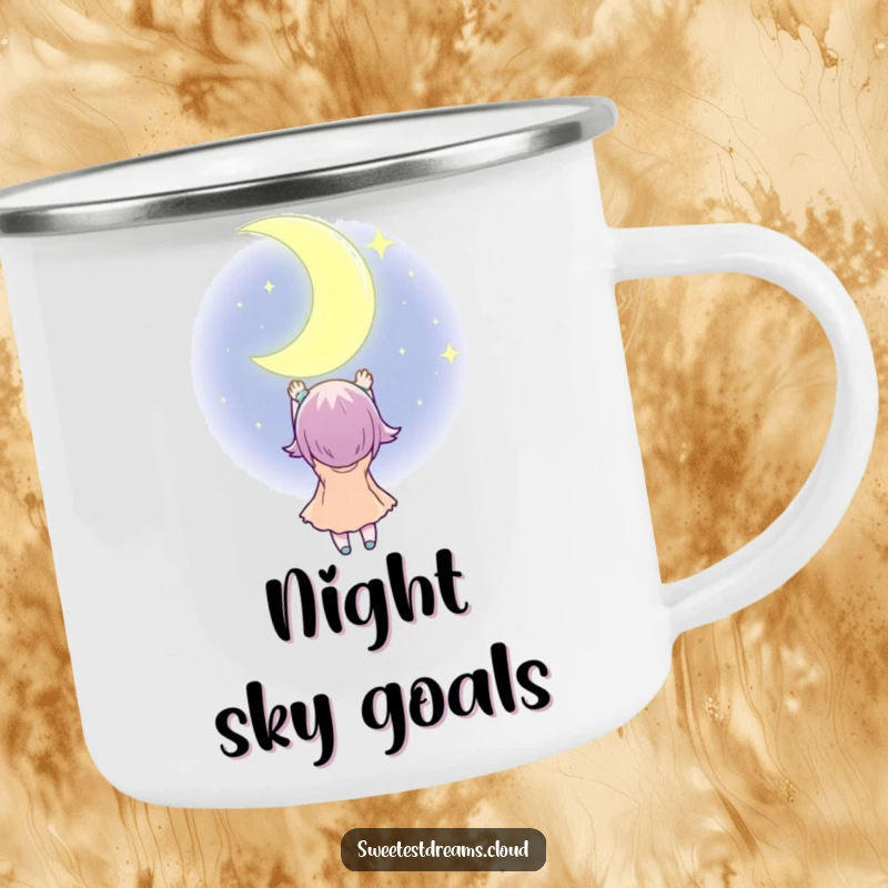 Funny Camping Mug featuring a character reaching for a twinkling crescent moon, perfect for cozy nights outdoors with a humorous touch.