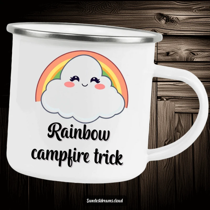 Funny camping mug featuring a cloud with a mischievous wink behind a rainbow, for enjoying beverages outdoors with playful humor.